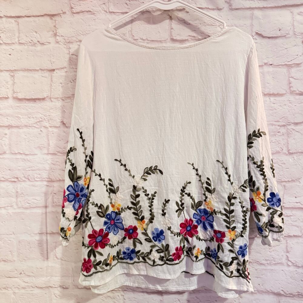 Anna L Rose Gorgeous Colorfully Emboidered White Peasant Blouse 25” long Sz L